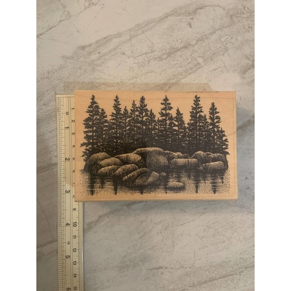 Rubber Stamp large Rocks Boulders with Pine Trees Wood Mounted Stampscapes 1996 - Picture 2 of 5